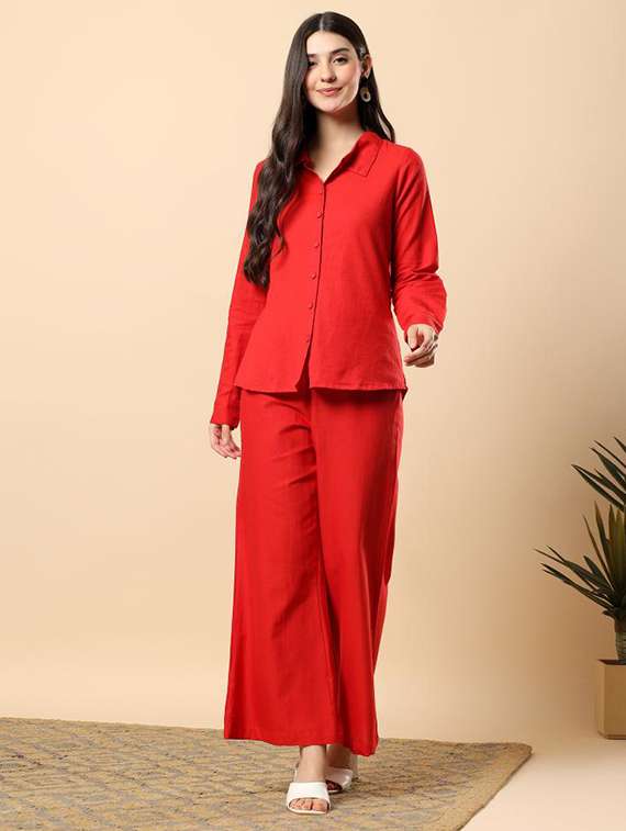 women solid long sleeve shirt & trouser co-ord set - 22100945 - Standard Image - 1