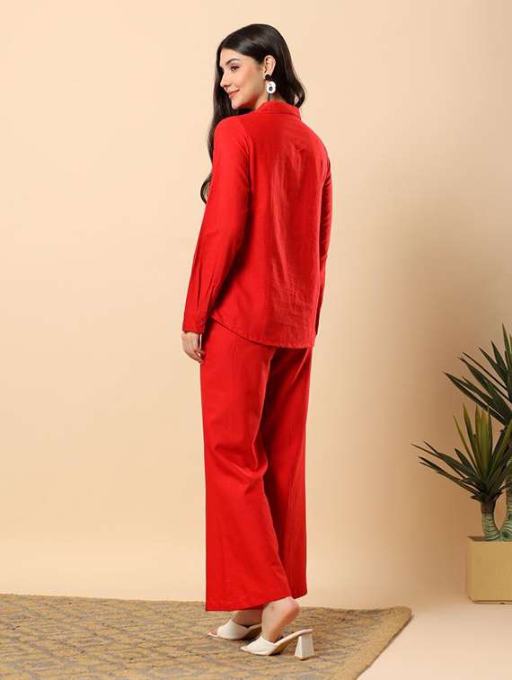 women solid long sleeve shirt & trouser co-ord set - 22100945 - Standard Image - 4