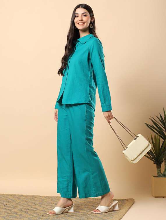 women solid long sleeve shirt & trouser co-ord set