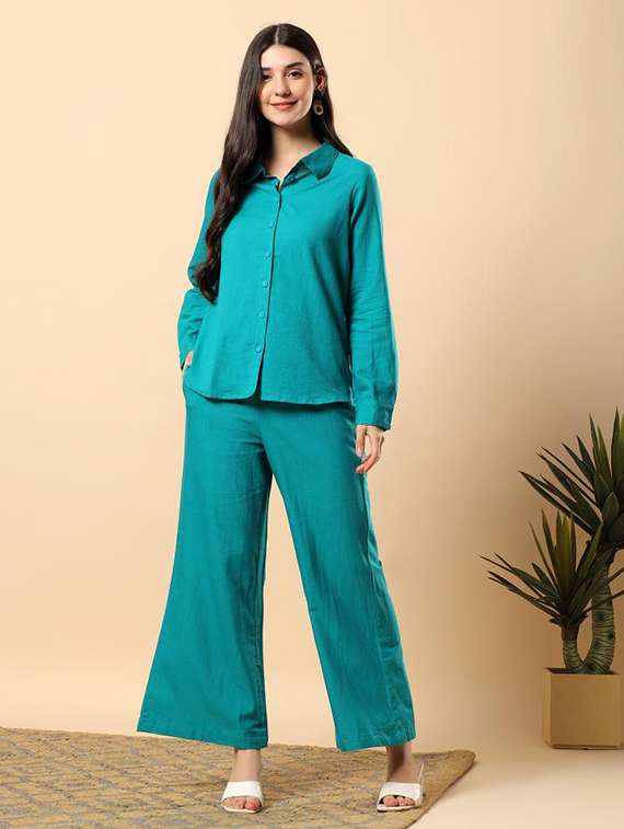 women solid long sleeve shirt & trouser co-ord set - 22100946 - Standard Image - 1