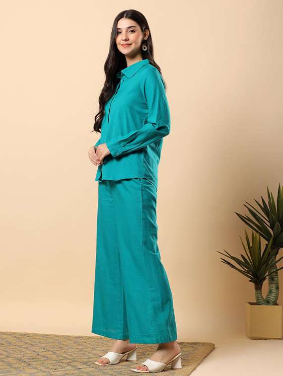 women solid long sleeve shirt & trouser co-ord set - 22100946 - Standard Image - 4