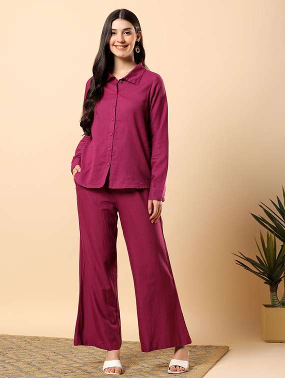 women solid long sleeve shirt & trouser co-ord set - 22100947 - Standard Image - 1