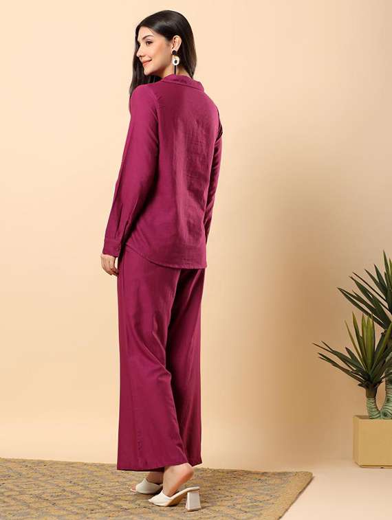 women solid long sleeve shirt & trouser co-ord set - 22100947 - Standard Image - 4