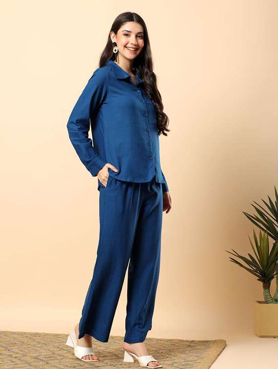 women solid long sleeve shirt & trouser co-ord set - 22100948 -  Standard Image - 1