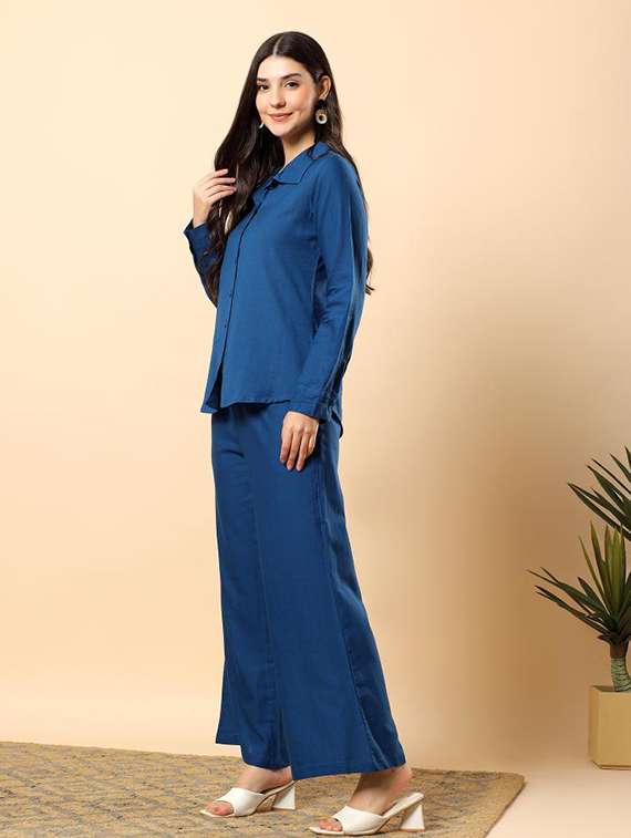 women solid long sleeve shirt & trouser co-ord set - 22100948 - Standard Image - 4