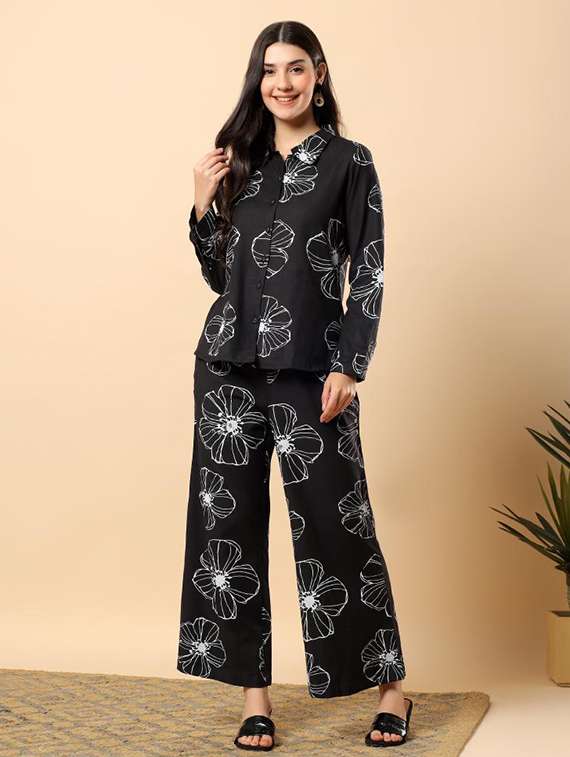 women floral long sleeve shirt & trouser co-ord set - 22100949 -  Standard Image - 1
