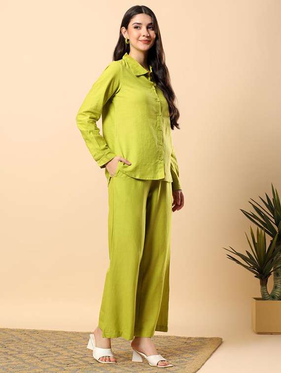women solid long sleeve shirt & trouser co-ord set - 22100950 -  Standard Image - 1