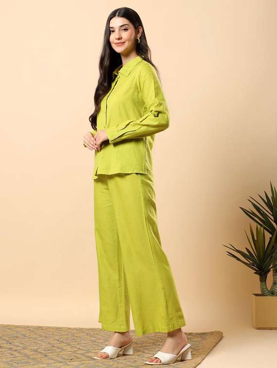 women solid long sleeve shirt & trouser co-ord set - 22100950 - Standard Image - 4
