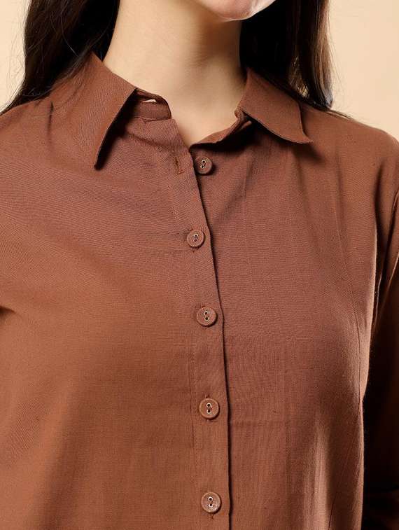 women solid long sleeve shirt & shorts co-ord set - 22100951 - Standard Image - 4