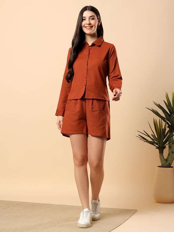 women solid long sleeve shirt & shorts co-ord set