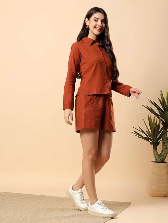 women solid long sleeve shirt & shorts co-ord set - 22100954 -  Standard Image - 1