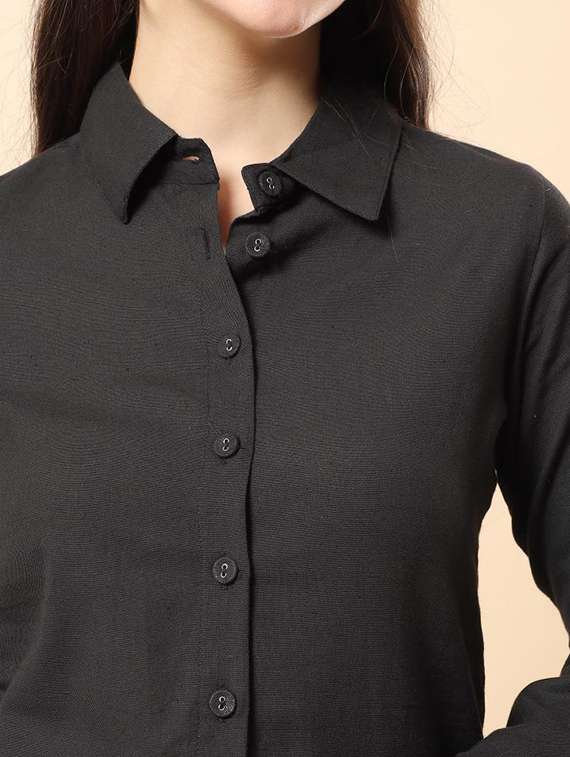 women solid long sleeve shirt & shorts co-ord set - 22100955 - Standard Image - 4