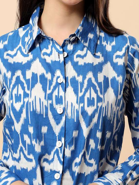 women ikat printed long sleeve shirt & shorts co-ord set - 22100961 - Standard Image - 4