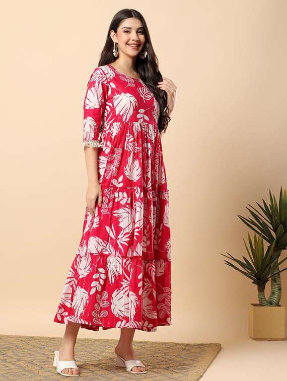 women printed round neck tiered ethnic dress - 22100965 - Standard Image - 1