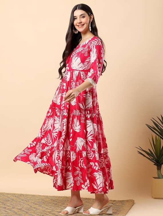 women printed round neck tiered ethnic dress - 22100965 - Standard Image - 4
