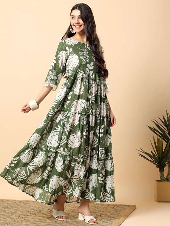 women printed round neck tiered ethnic dress - 22100966 -  Standard Image - 1