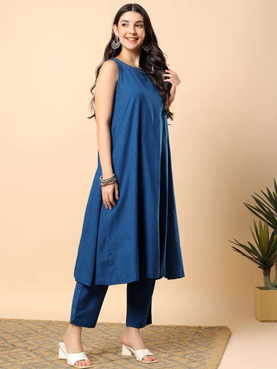 women solid round neck kurta pant set - 22100968 - Standard Image - 1