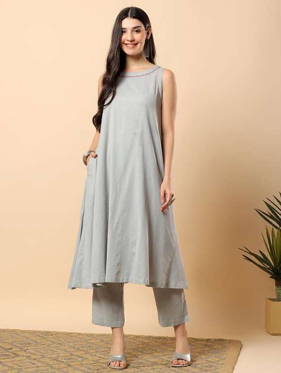 women solid round neck kurta pant set - 22100974 -  Standard Image - 1