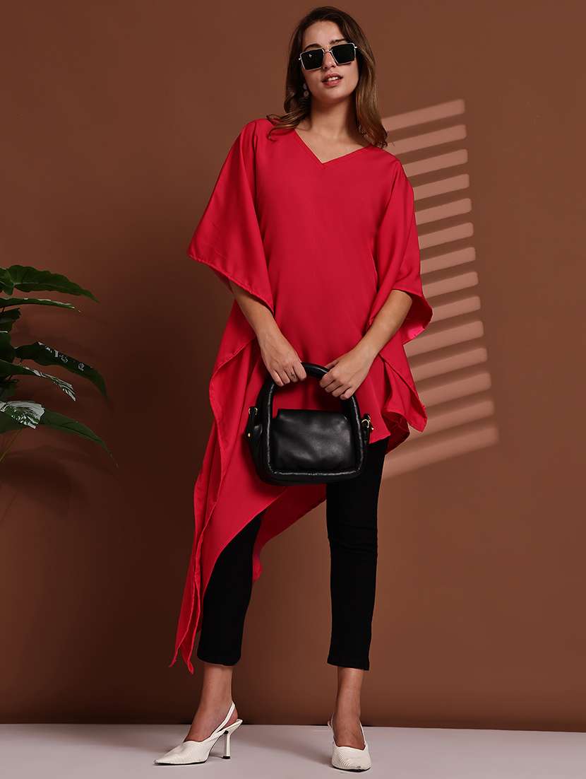 women solid kimono sleeve asymmetric kaftan top
