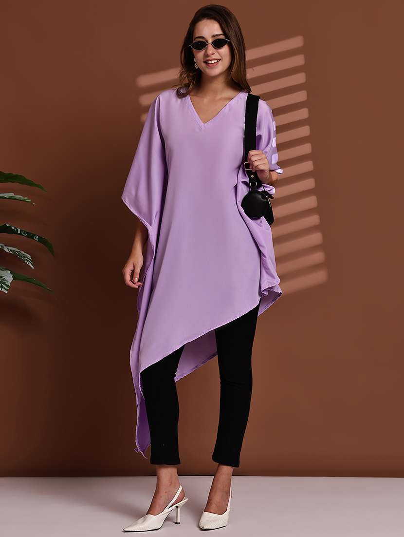 women solid kimono sleeve asymmetric kaftan top