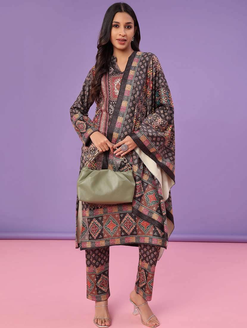 women printed long sleeve kurta pant with dupatta set