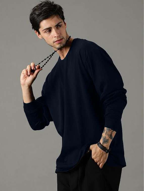 men pack of 2 solid long sleeve oversized t-shirt - 22101463 -  Standard Image - 1