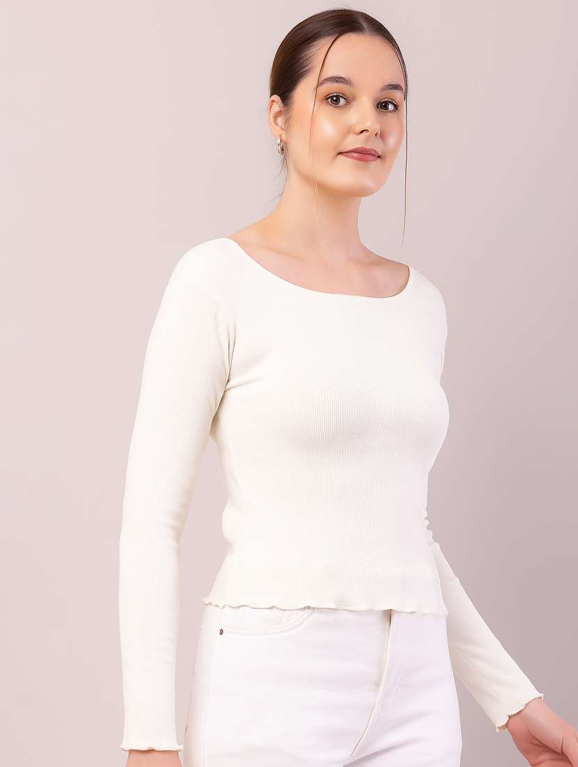 women solid boat neck long sleeve top - 22101490 -  Standard Image - 1