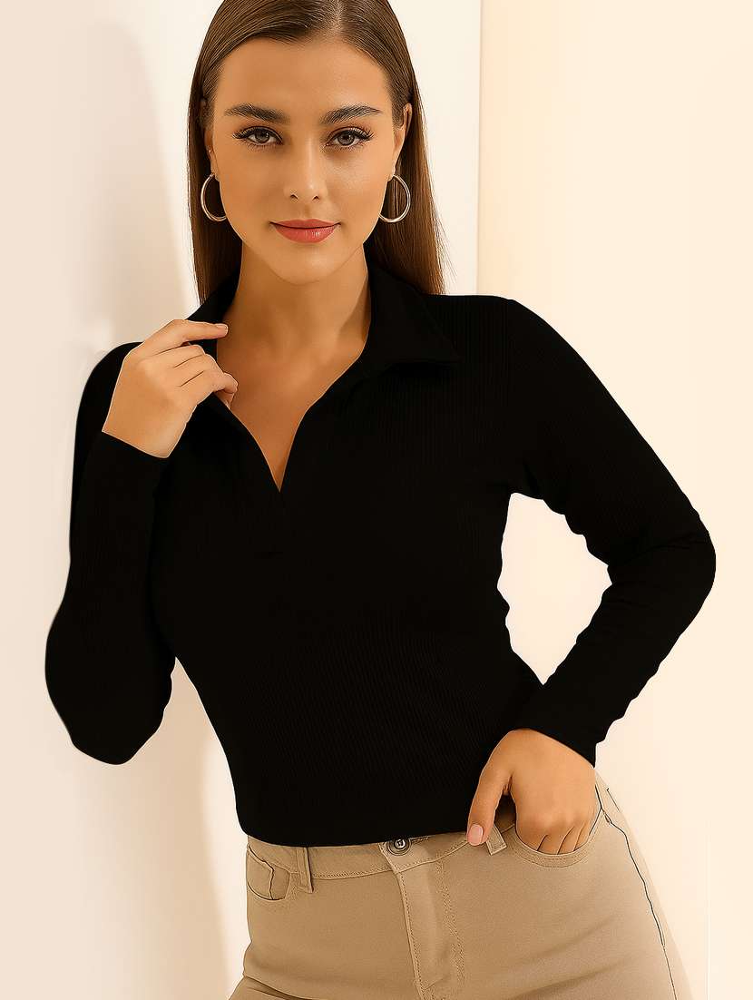 women solid polo neck long sleeve top - 22101501 -  Standard Image - 1