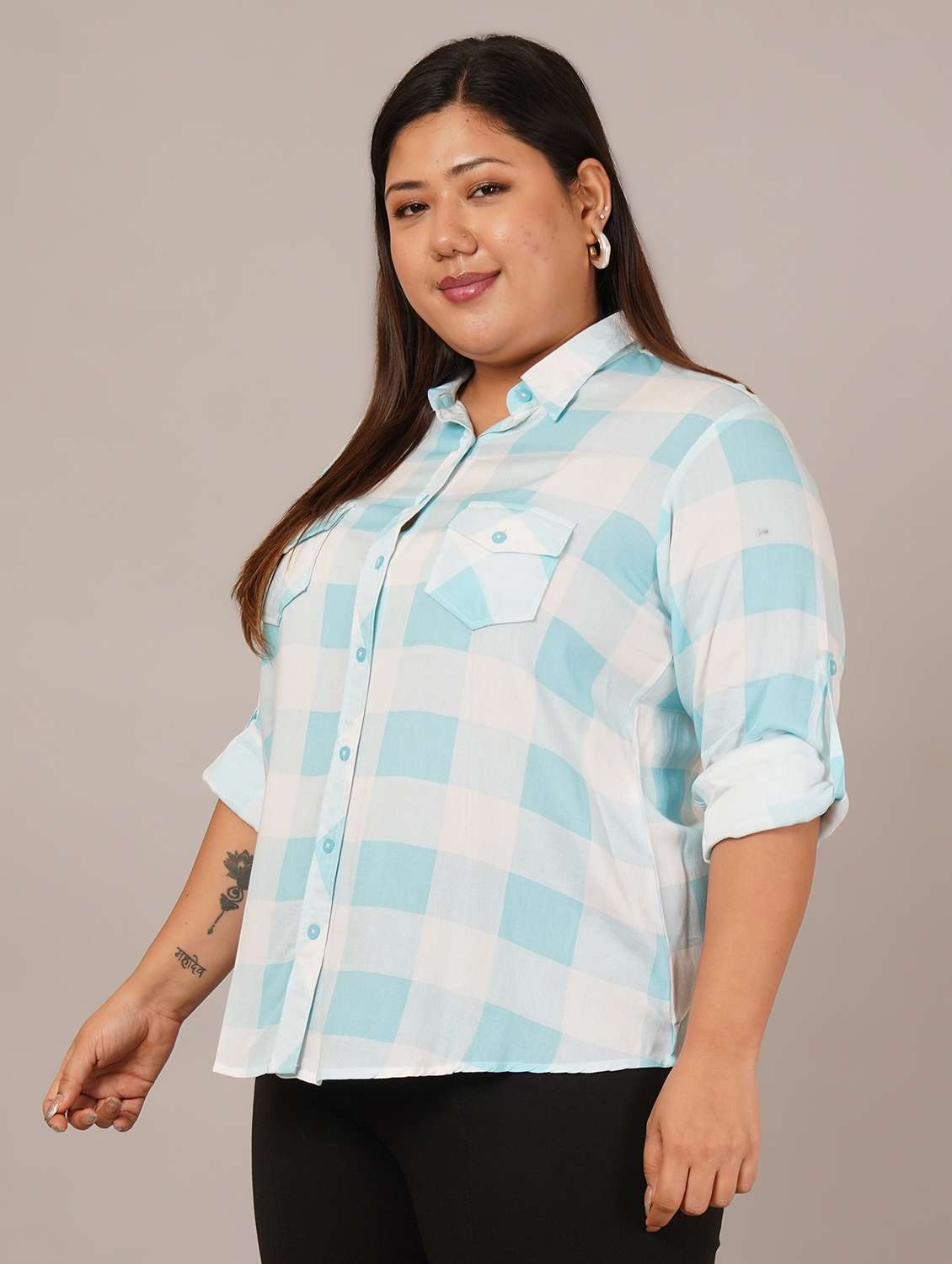 women plus size checkered long sleeve collared shirt - 22101520 -  Standard Image - 1