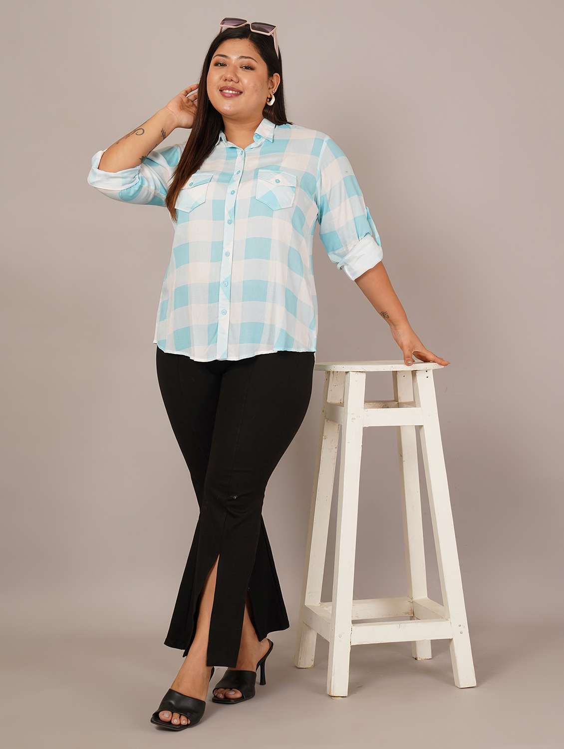 women plus size checkered long sleeve collared shirt - 22101520 -  Standard Image - 4