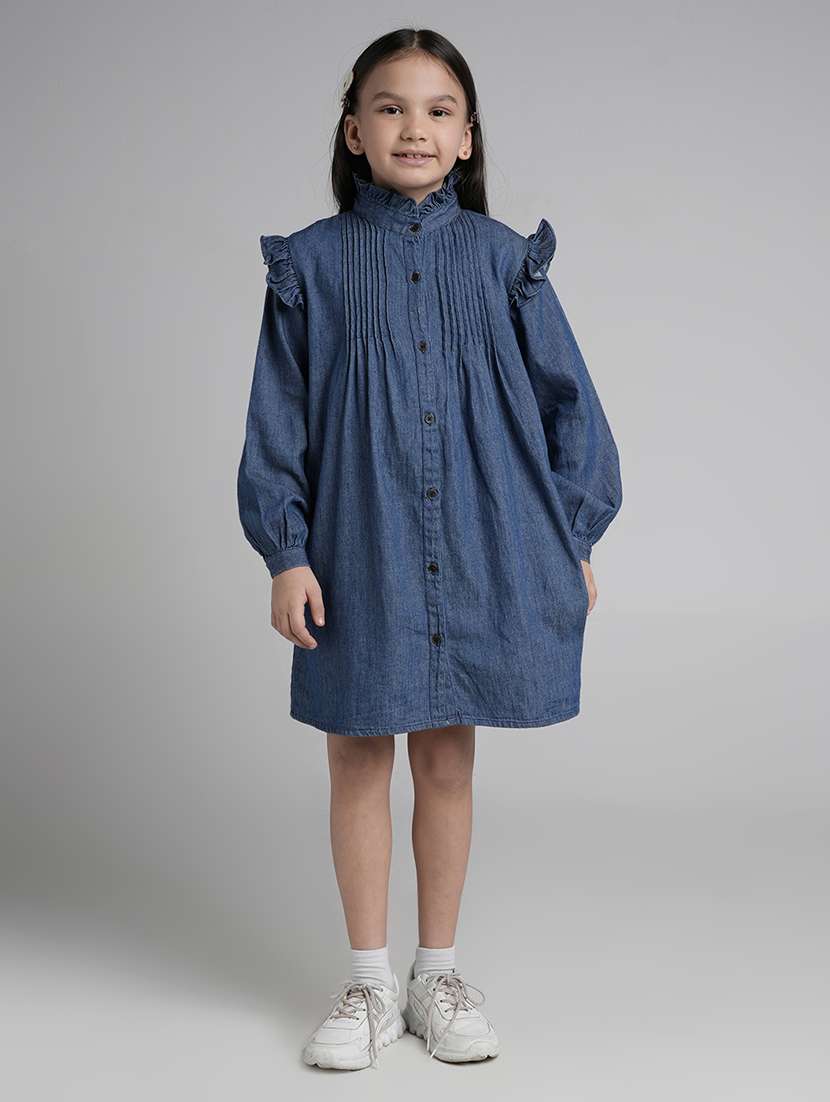 girls solid puff sleeve denim shirt dress