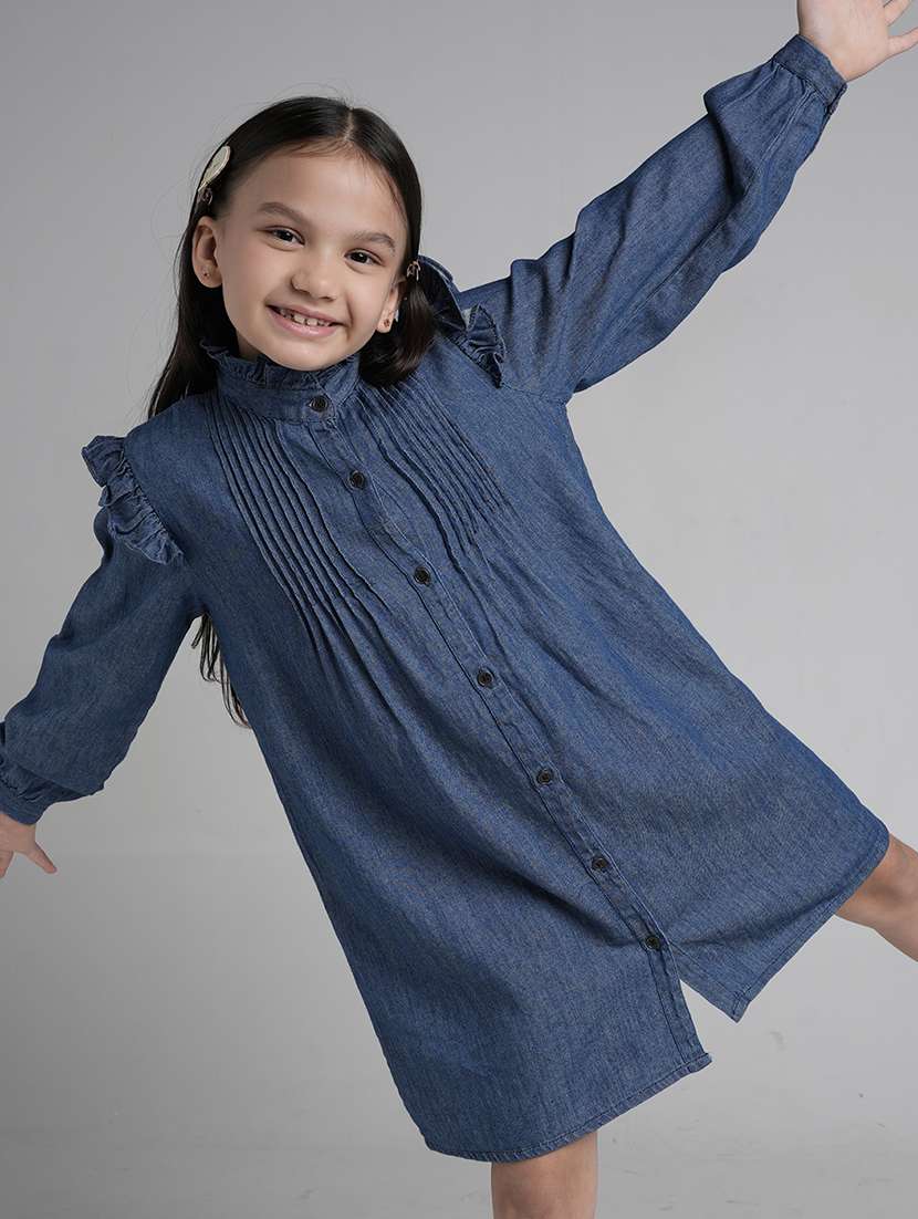 girls solid puff sleeve denim shirt dress - 22101521 - Standard Image - 1