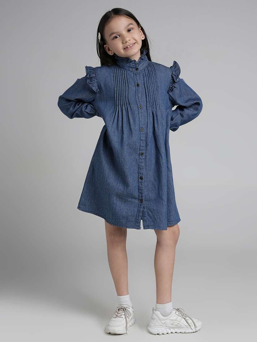 girls solid puff sleeve denim shirt dress - 22101521 - Standard Image - 4