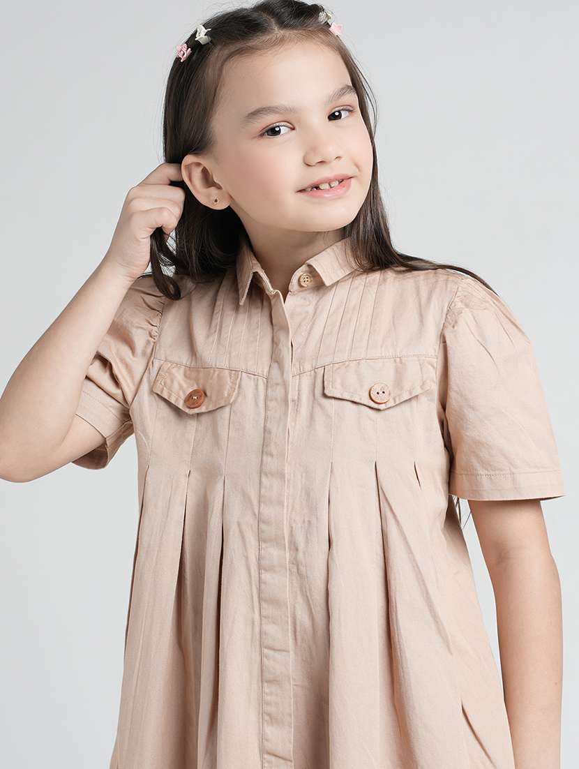 girls solid puff sleeve collared shirt dress - 22101526 -  Standard Image - 1