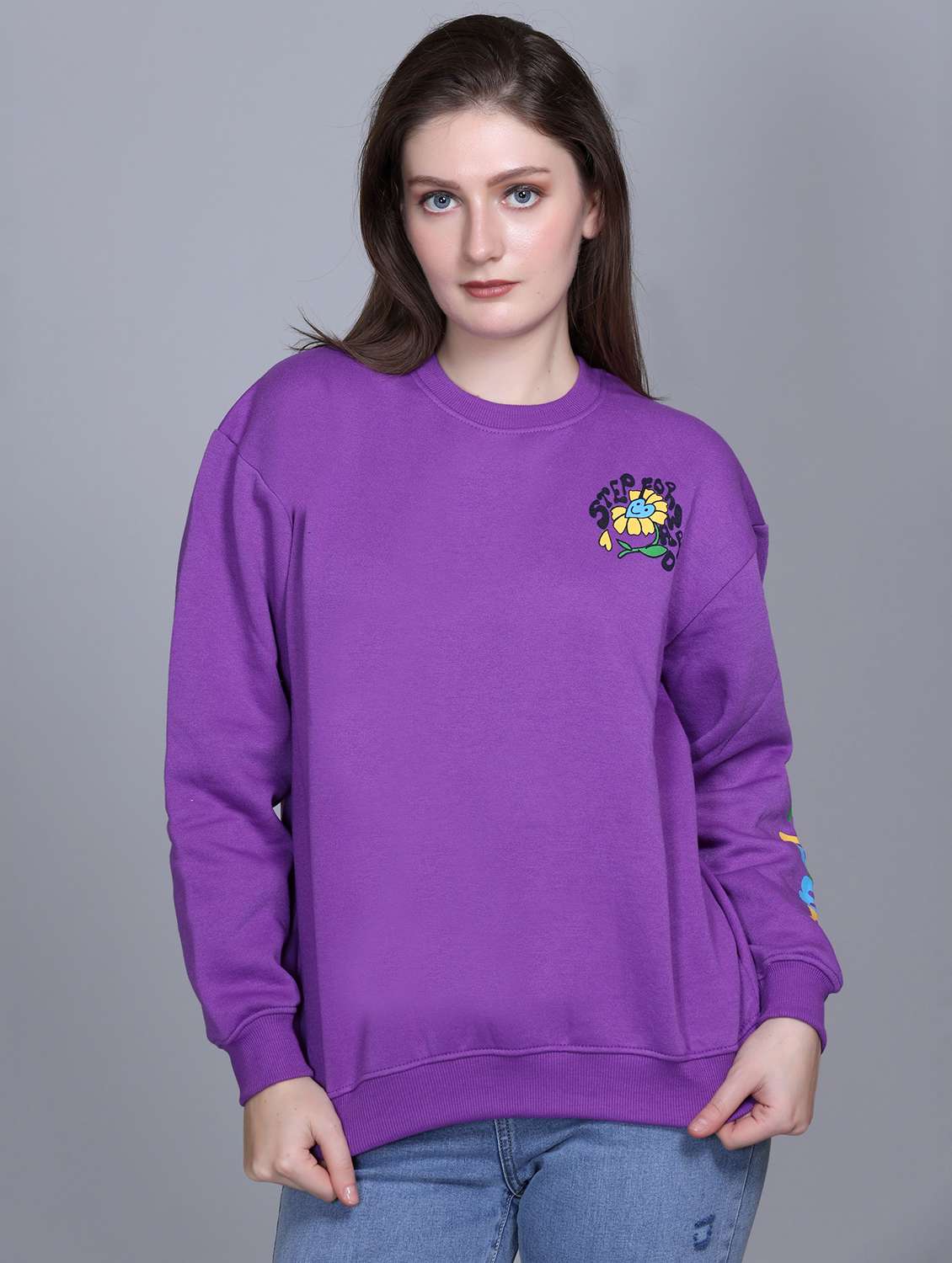 women printed round neck long sleeve sweatshirt - 22101598 -  Standard Image - 1