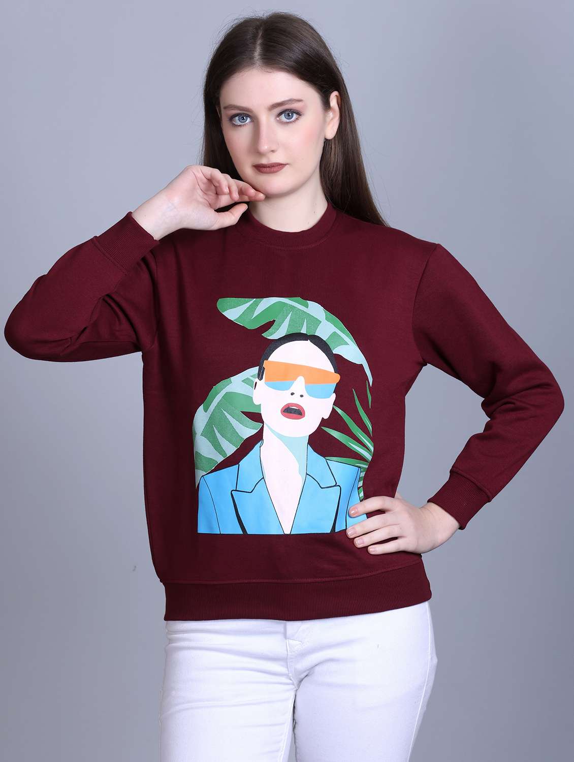 women printed round neck long sleeve sweatshirt