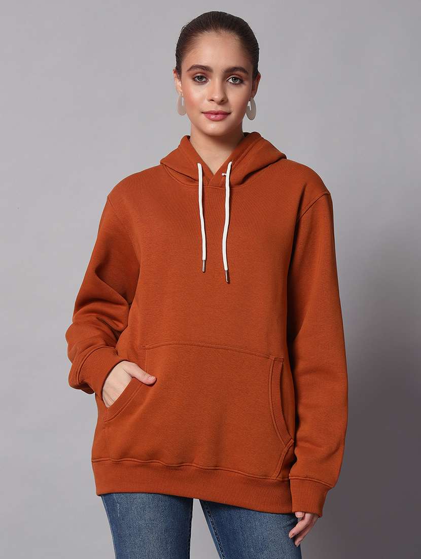 women solid long sleeve hooded sweatshirt