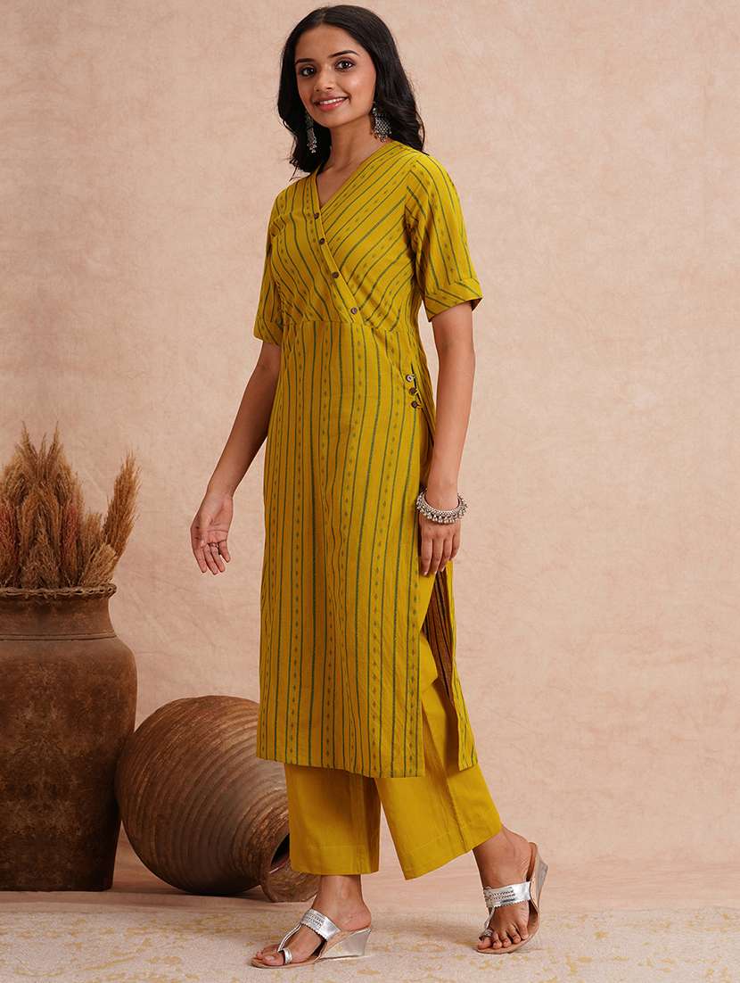 women striped v neck kurta palazzo set - 22101766 -  Standard Image - 1