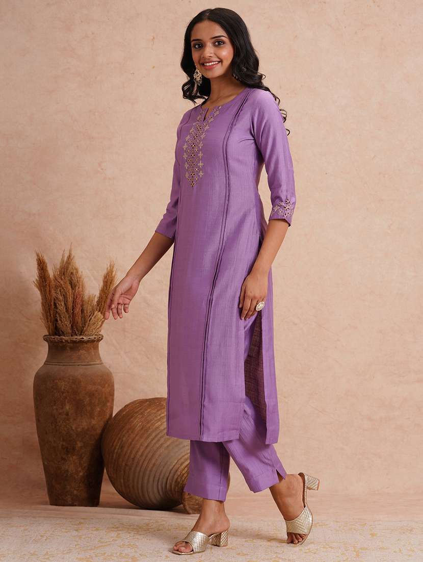 women embroidered three quarter sleeve kurta pant set - 22101767 -  Standard Image - 1