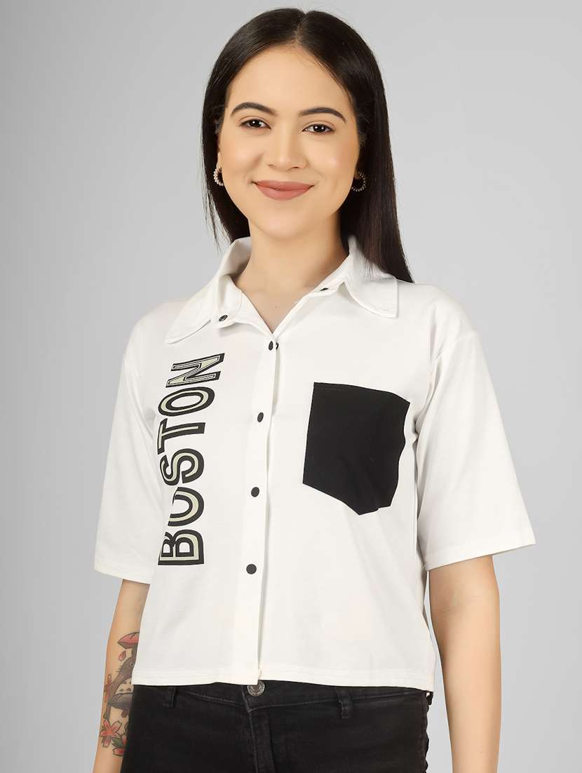 women printed short sleeve collared crop shirt - 22101823 - Standard Image - 1
