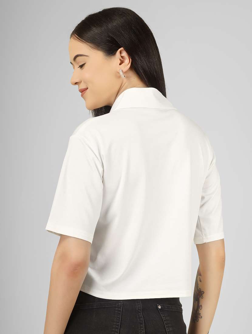 women printed short sleeve collared crop shirt - 22101823 - Standard Image - 4