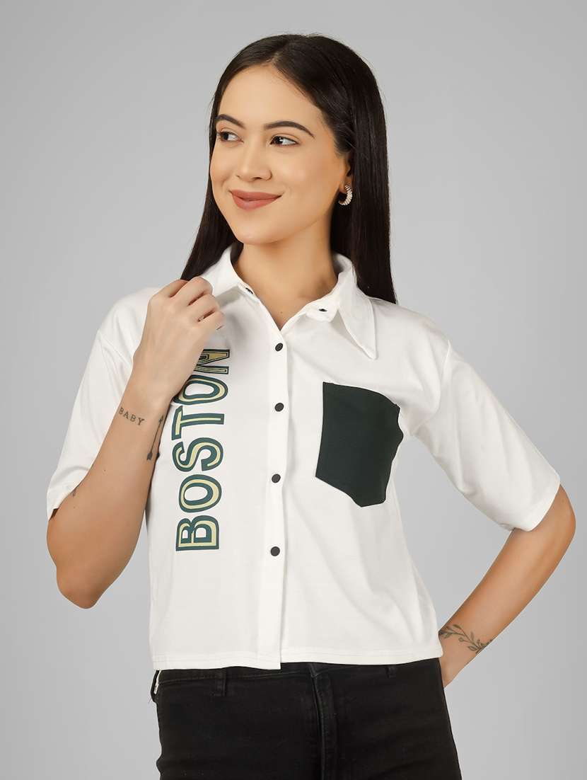 women printed short sleeve collared crop shirt - 22101825 -  Standard Image - 1