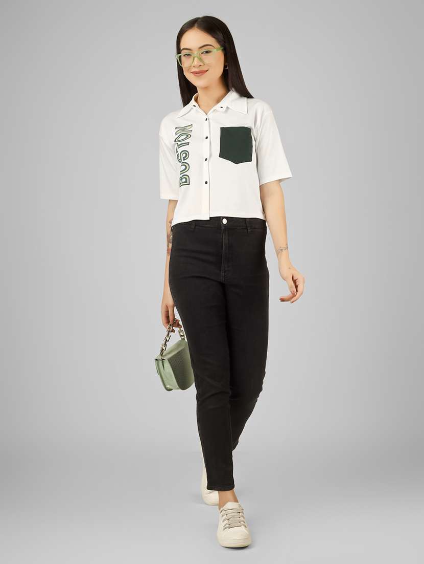 women printed short sleeve collared crop shirt - 22101825 -  Standard Image - 4