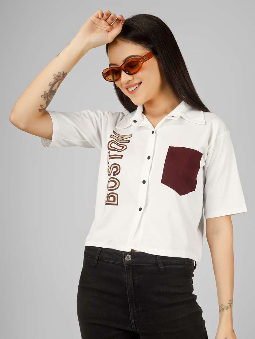 women printed short sleeve collared crop shirt