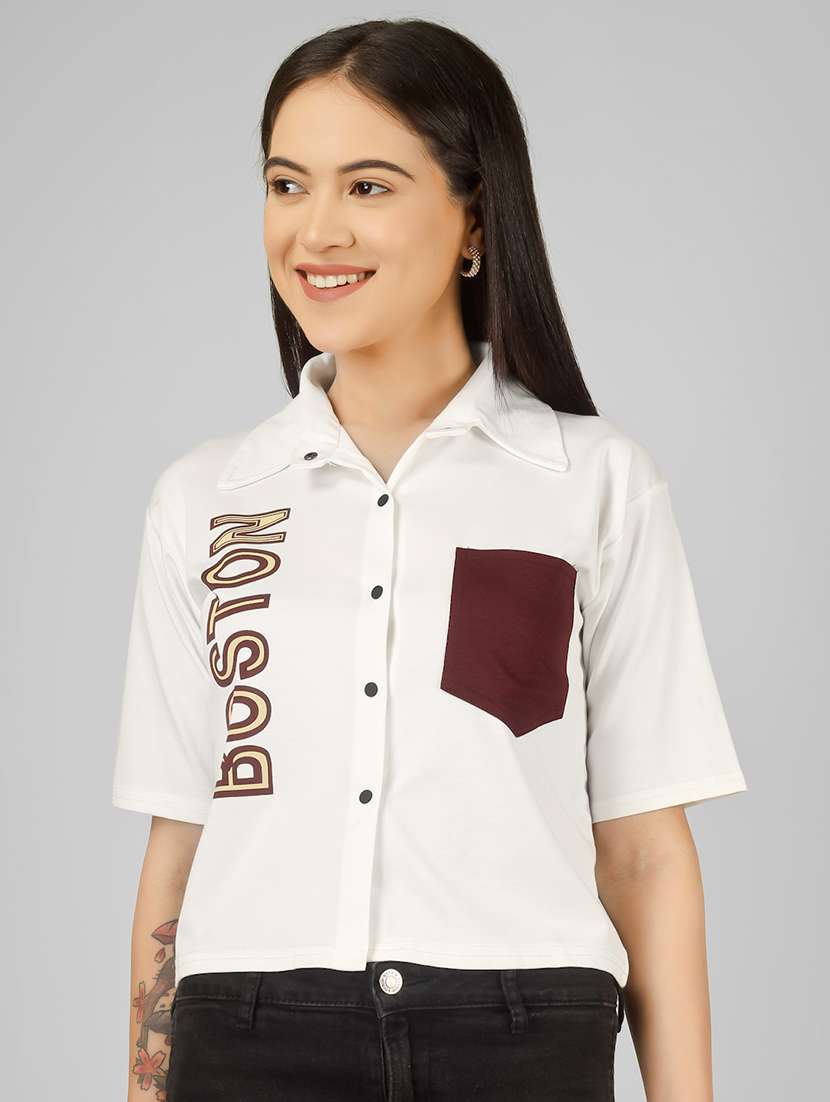 women printed short sleeve collared crop shirt - 22101826 - Standard Image - 1