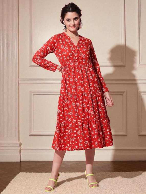 women printed long sleeve tiered dress - 22101849 -  Standard Image - 1