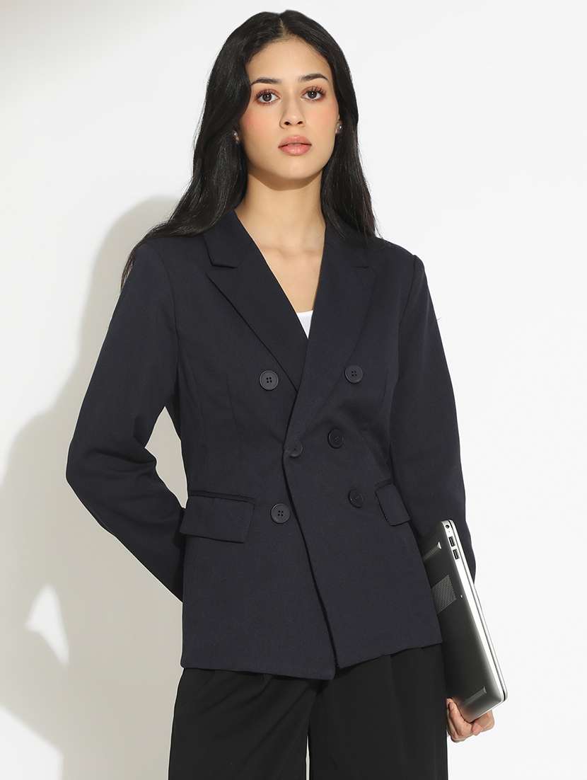 women solid long sleeve double breasted blazer - 22101911 - Zoom Image - 0