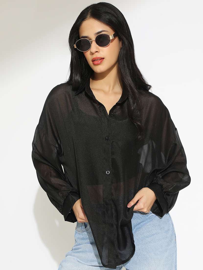 women solid collared long sleeve sheer shirt