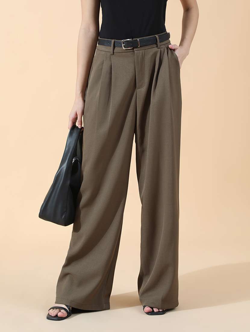 women solid high rise korean pants