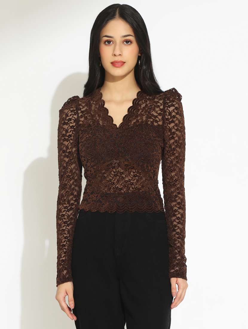 women solid puff sleeve sheer lace top - 22101928 -  Standard Image - 1